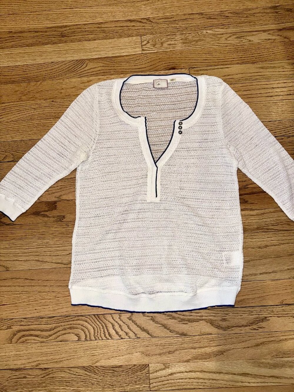 Postmark Anthropologie White Open Knit Henley Navy Trim M